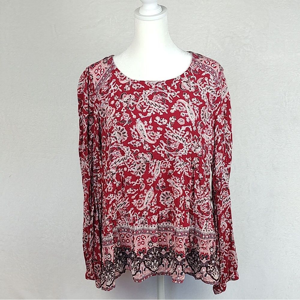 Knox Rose Womens XL Red Paisley Long Sleeve Boho Peasant Blouse Top Keyhole Back